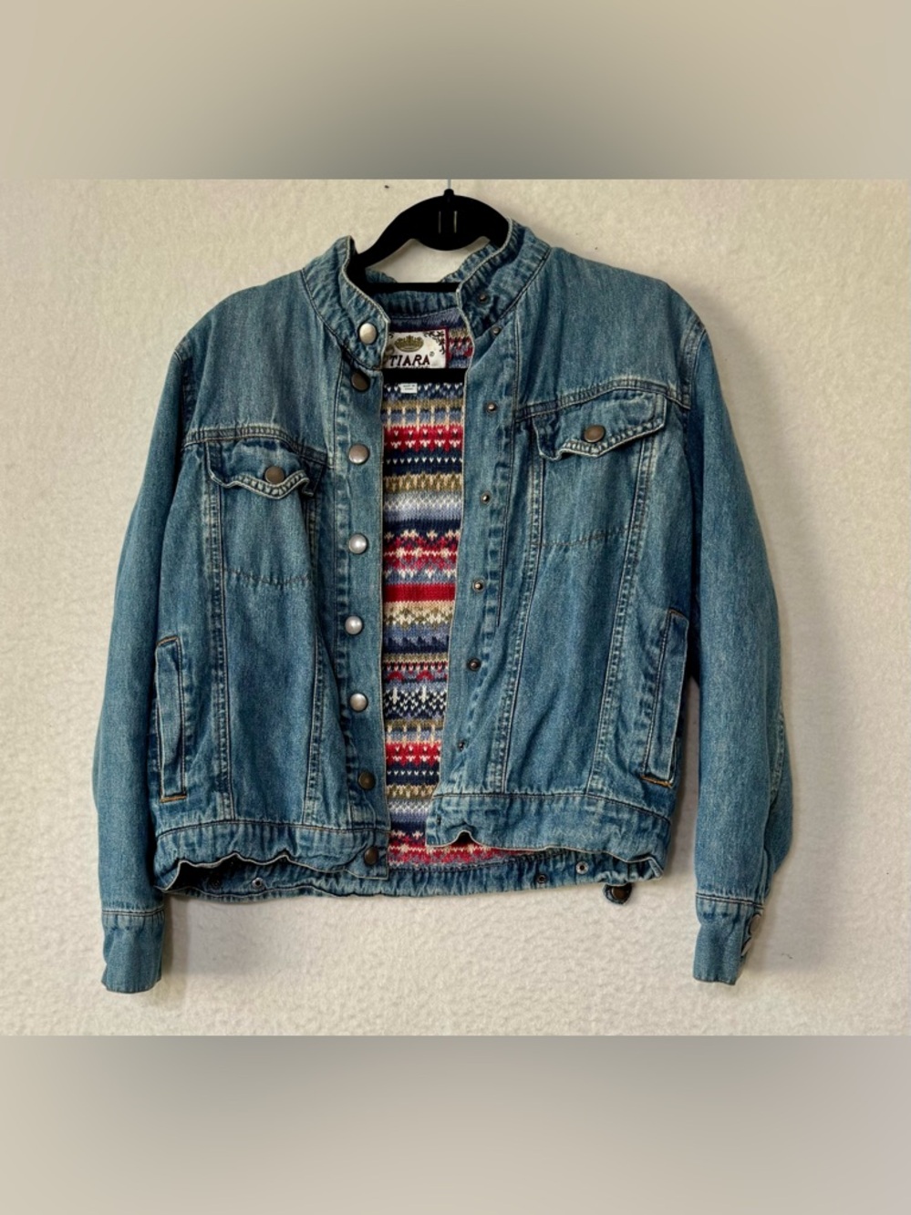 Tiara Multicolor Fair Isle Knit and Denim Jacket